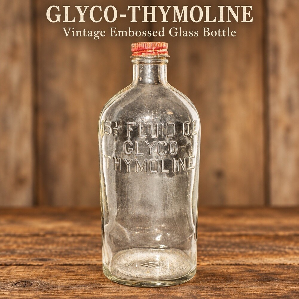 Vintage Glyco-Thymoline 15 1/2 Oz Embossed Glass Medicine Bottle Red Metal Cap